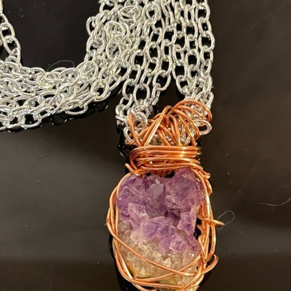 Druzy Amethyst Wire Wrapped Silver Aluminum Wire Wrapped Copper Necklace Pendant - Picture 1 of 5